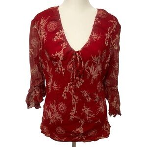 Silkland Women’s L Sheer Red Silk Blouse Beaded Boho w bell sleeves